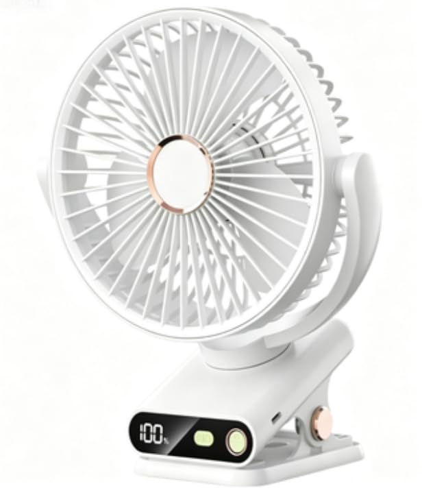 クリップ式小型扇風機, ホワイト, USB充電式, LEDディスプレイ付き, 卓上・ベッド用, ポータブル