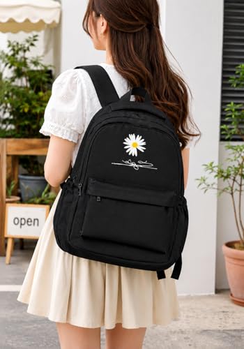 Image of Daisy Flower Printed Backpack for Girls & Women | Water Resistant School College Bag | Lightweight Casual Travel Backpack with Multiple Compartments | Black