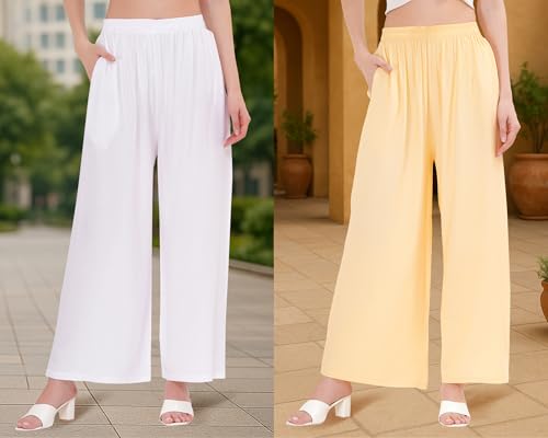 Image of Buy That Trendz Palazzo Pants for Women Cotton Rayon Elasticated Regular Fit Flared Wide Leg M to 6XL Pack of 2