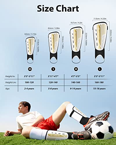 Upgraded Soccer Shin Guards For Kids Youth Adults, Ce Certified Airsfish Shin Guard Sleeves Protection Gear For Boys Girls Soccer Games Eva Cushion Reduce Shocks And Injuries (X-Small, White+Gold) #TOP4