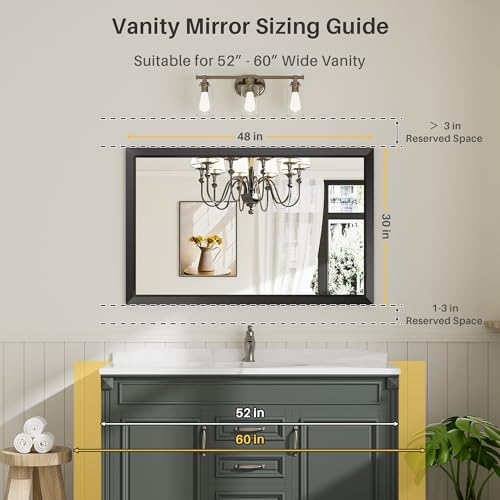 48x30 Inch Black Bathroom Mirror for Wall, Thick Metal Framed Rectangle Mirrors for Over Sink, Bedroom, Living Room, Entryway, Anti-Rust, HD Tempered Glass