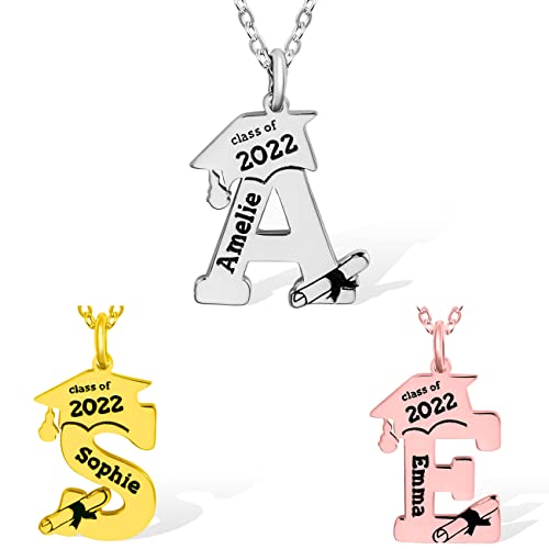 Custom Name Class Graduation Necklace Initial Necklaces with Bachelor Cap Friendship Gifts for Her Him Sterling Silver Personalized 2022 College School Graduation Pendant Jewelry