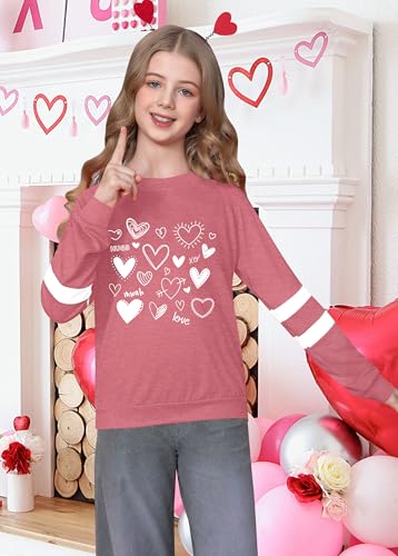 Image of LAZYCHILD Kids Valentine Shirt Girls Valentines Day Shirts Heart Graphic Long Sleeve Striped Tee Tops 5-14 Years