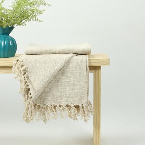 Image of Handwoven 100% Pure Cotton Throw Blanket - 50x60 Inch Soft Sofa Throw for Couch, Bed & Living Room - Lightweight Natural Off White Farmhouse Blanket - Boho Decor, Blanket for Travling (Cream)