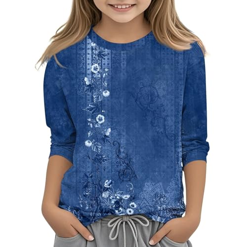 Girls Summer 3/4 Length Sleeve Tops Crew Neck Shirt Casual Floral Graphic Tee Toddler Soft Loose Fit Blouse Kids Clothes