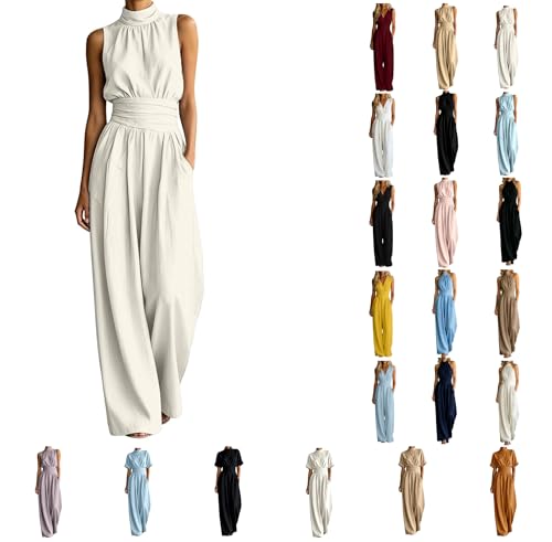 Generisch Mono elegante para mujer, mono festivo con cuello en V, sin mangas, para invitados de boda, con bolsillo, pierna ancha, traje de pantalón para mujer, A11 blanco, S