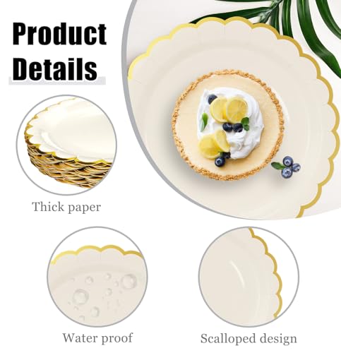 Image of HEIPINIUYE 50 Pieces Ivory Paper Plates with Gold Foil 9 Inch Disposable Ivory Scalloped Dinner Plates for Wedding Baby Shower Birthday Party Dessert Plate