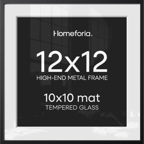 Image of Homeforia 12x12 Black Picture Frame, High-End Metal, 10x10 Mat, Glass | High End Aluminum, Tempered Glass, Acid-Free 10x10 Removable Mat, 12x12 in Edge-to-Edge Display 12x12, Wall Kit, Set Of 2