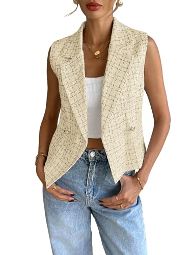 Mina Self 2025 Womens Summer Tweed Plaid Vest Tops Sleeveless Lightweight Crop Double Breasted Work Jacket2