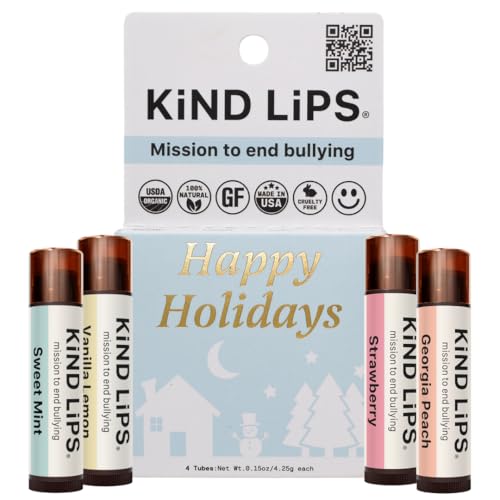 Holiday Lip Balm Gift Set – Variety 4-Pack Kind Lips Organic | Festive Flavors, Gluten-Free, Hydrating, Moisturizing, Natural, Cruelty-Free, USDA Certified, Non-Greasy