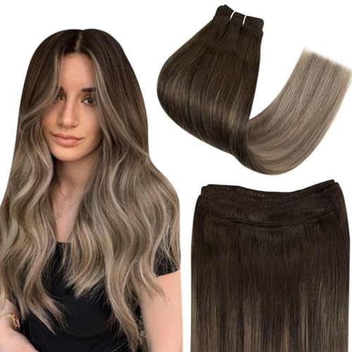 Easyouth Weft Human Hair Extensions Brown Balayage Weft Hair Extensions Real Human 20 Inch 100g Double Wefts Sew in Extensions Ombre Brown to Ash Blonde for Women