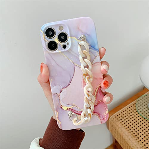 Coque silicone iPhone 12 Pro et 14 à motif marbre avec bracelet chaîne intégré