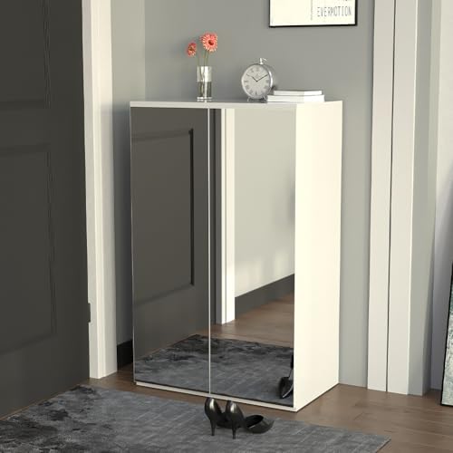BAKAJI Scarpiera Salvaspazio 2 Ante e 6 Ripiani Porta Scarpe, Armadio Portatutto in Legno Multiuso, Armadietto con Anta Apribile, per Ingresso, Camera da Letto, Bagno, 60 x 32 x 95 cm (Con Specchio)