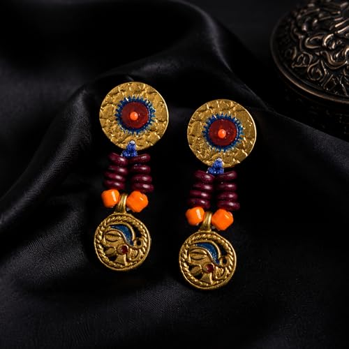 Image of Royal Queen & Empress Handcrafted Tribal Dhokra Earrings Collection for Women - Wooden, Fabric & Round Statement Ethnic Designs in Multiple Colours