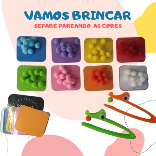 Jogo das Cores: 2 Pinças Jacaré + 80 Bolinhas Pom Pom + 16 Cartelas de Cores