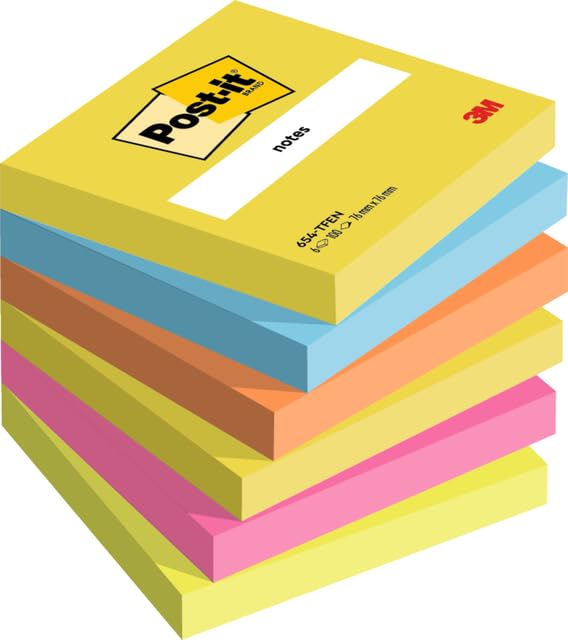 Memoblok 3 m Post-it 654 76 x 76 mm energetische Farben | Packung mit 6 Stäken | 12 Stuks