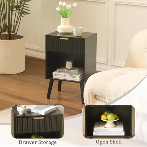 Fultyle Black Fluted Nightstand, Modern Bedside Table with Drawer and Opening Storage, End Side Table Living Room with Solid Wood Legs for Bedroom (Black) by Fultyle - Image 5