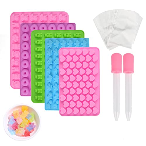 Gummibärchen Silikonformen 5Stück Gummibärchen Form Bonbonform Silikon Schokoladenformen Silikonformen Antihaftbeschichtet mit 2 Tropfen für Süßigkeiten Schokolade Gelee, Seifenformen Cover