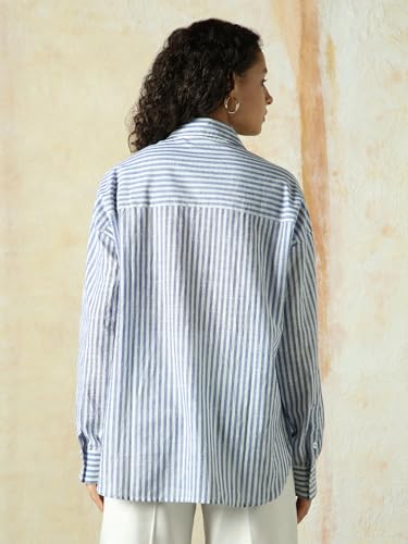 Image of HIGH Star Oversized Striped Cotton Shirt for Women | Stylish Tops for Women | Comfortable and Trendy Casual Shirt