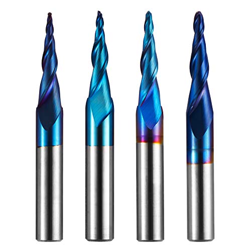 Genmitsu 4pcs 2-Flute Tapered Ball Nose Spiral End Mill, Nano Blue Coating Tungsten Carbide CNC Router Bits, 2D And 3D Engraving Carving Woodworking Bits, R0.25-1.0, 1/4'' Shank, TB04B