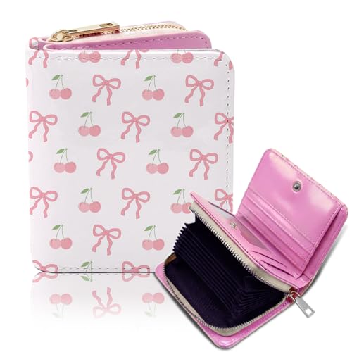 Goiicoln Pink Womens Accordion Wallet, Cute Cherry Bow Wallet, Zipper Accordion Wallets for Women, PU Leather Card Cases Money Organizers Wallets, Credit Card Holder Large Capacity, Gift for Teen Girl