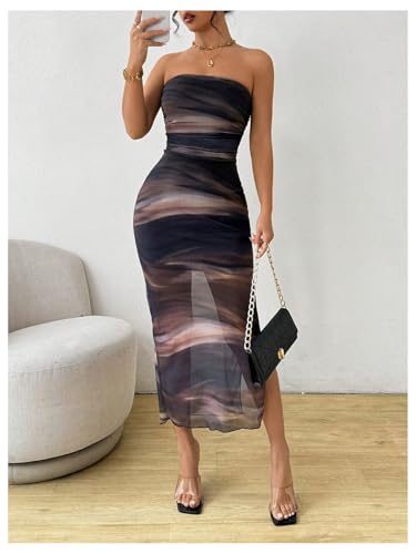 Image of Milumia Women's Tie Dye Strapless Maxi Dress Mesh Split Bodycon Vacation Long Tube Dresses