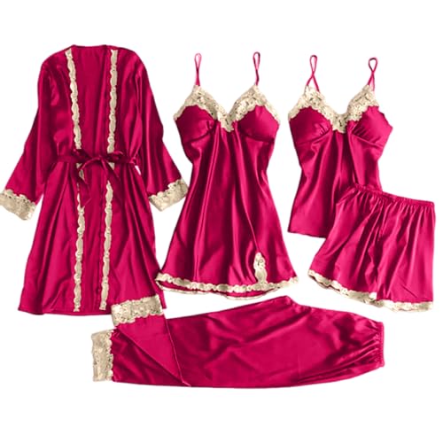 Pyjama femme satin 5 pièces rouge 3XL : votre rituel cocooning chic de la soirée au réveil