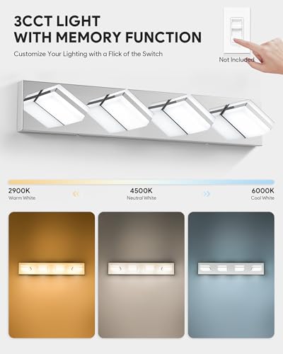 Image of VONLUCE Bathroom Vanity Light Fixture, 4-Light Modern LED Vanity Light, 3CCT Adjustable Bathroom Lights with Memory Function Rotatable Shades, 26 inch Wall Lighting Fixture Over Mirror, Chrome