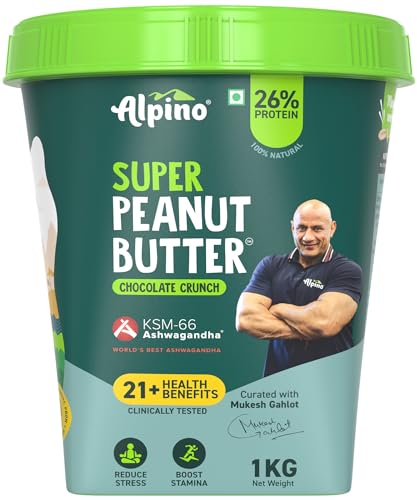Alpino Super Peanut Butter with KSM-66 Ashwagandha Chocolate Crunch 1kg - Curated by Mukesh Gahlot "Guruji" – High Protein, Clinically Tested with 21+ Health Benefits: Aids Strength, Stamina and Recovery