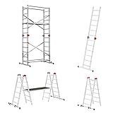 Hailo G60 Alu Multifunktionsgerüst | 2 x 12 Sprossen belastbar bis 150 kg/m2 | Plattform mit Durchstiegsluke | fahrbares Alu Gerüst | verwendbar als Anlegeleiter, Doppelleiter, Baugerüst | silber