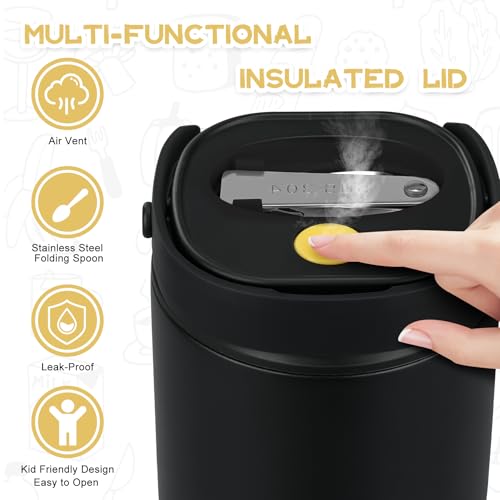 20oz Soup Thermo for Hot Food with a Snack Box Container，Leak Proof Insulated Lunch Container Kids and Adults，Stainless Steel Double Wall Vacuum Wide-mouth Food Jar with Spoon and Handle（Black） by JOOPETALK - Used condition - Image 8