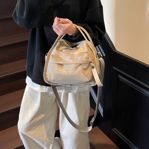 Elegant Solid Color Shoulder Bag for Women Casual Nylon Front Pocket Handbag Casual Trendy Textured Commuter Bag (Khaki)3