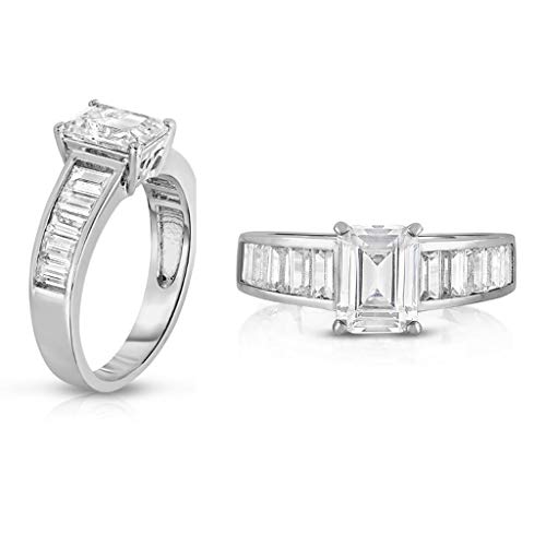 Womens Silver Plated Emerald Cut Style Engagement Ring- Continuous Emerald Cut Stones Running Along the band Of the Ring