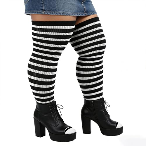 Image of DRESHOW Plus Size Thigh High Socks Striped Over Knee Long Boot Stockings Knee High Tube Socks Leg Warmers for Women