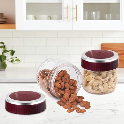 Image of CELLO Mint Storage Canister For Kitchen Set of 2, (500 ml x 2), Maroon | Food Grade, Stackable, See Through |Nestable Storage Pet Container with Lid for Food, Pulses, Spice, Cereals, Cookies,Dry Food