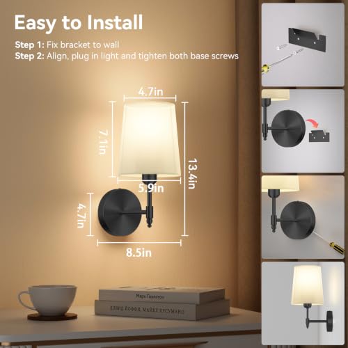 Image of Ouyulong Battery Operated Wall Sconces Set of 2, Wireless Rechargeable Dimmable Wall Light with 15000mAh RGB Bulb and Remote for Bedroom, Living Room, Hallway, Black, 13.4in