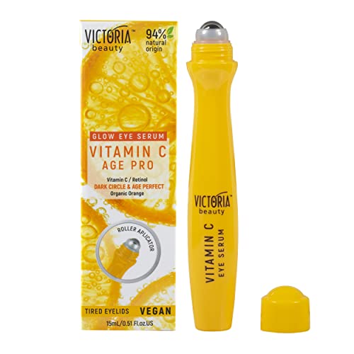 Victoria Beauty Vitamin C Eye Serum Roller - for Dark Circles Puffy Eyes and Eye Bags - with Retinol and Vitamin E - 94% Natural, 15ml