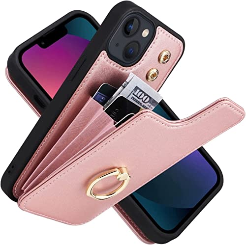Étui pour iPhone 14 Pro antichoc protégeant l'écran avec portefeuille rose doré intégré