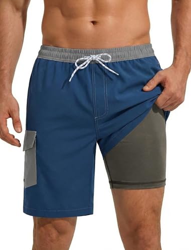SILKWORLD Men's Swim Trunks with Compression Liner 9 Inch Beach Swim Wear Water Bathing Suit Shorts Navy Blue S