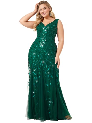 Image of Ever-Pretty Plus Sequin Formal Dresses Sleeveless V Neck Mermaid Ball Gowns Plus Size Prom Dress