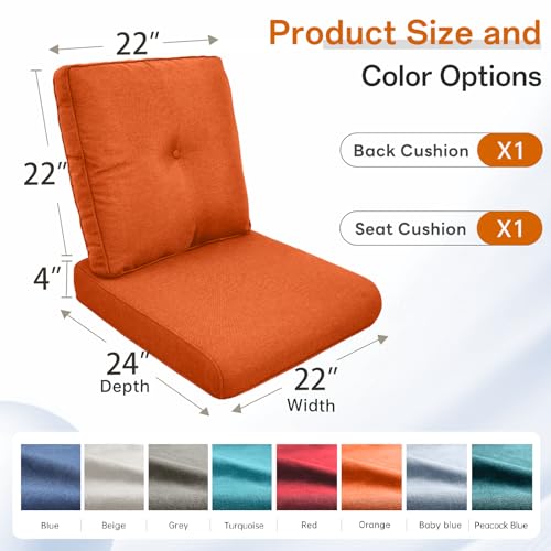 Image of Luxury 4 inch Thick Outdoor Cushion Set of 10 - 22x24 Patio Furniture Cushions with 28D High-Density Foam, Water-Resistant & Fade-Resistant Fabric, Removable Covers for Patio Furniture Sofa Couch -Orange