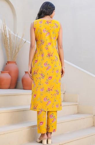 Image of Janasya Women's Yellow Pure Cotton Floral Printed Straight Kurta Pant Set