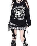 T Shirt Femme Manches Longues Y2K épaule dénudée Anime à Trou Dentelle Imprimé Large Gothique Harajuku Grunge Streetwear