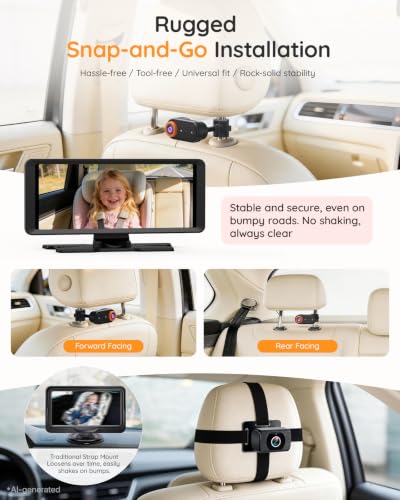 Image of LUCKVIEW BM5PRO Baby Car Camera for 2 Kids, 7.2 inch Split Screen Monitor | 1080P Car Baby Monitor, Automatic Night Vision, 2 Cameras for Rear Facing Seat, 360 Degree Headrest Mount (Orange)