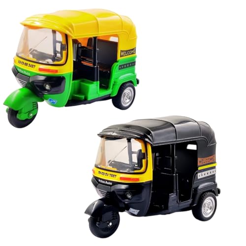 Image of PLUSPOINT Auto Rickshaw Toy,with Pull Back Action City Traffic Vehicles Public Transport Toy with Light and Sound for Aged 3 4 5 6 Boys and Girls, Kids Party Favors Gifts (Black+Green)