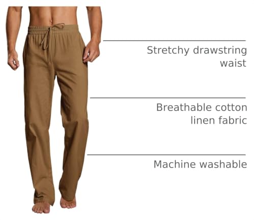 Image of PASLTER Mens Cotton Linen Pants Casual Summer Beach Pants Dress Trousers | Loose Fit, Elastic Drawstring Waist, Lightweight, Straight-Legs, Slacks, Yoga, Work, Vacation, Quick Dry