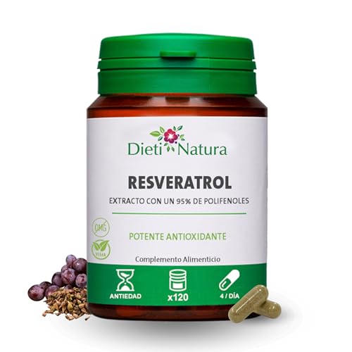 Dieti Natura Trans-Resveratrol 120 Cápsulas de Origen Vegetal - Resveratrol Puro Alta Concentración - Complemento Antioxidante y Antiedad para la Piel y Células - Uvas Rojas con Polifenoles Naturales