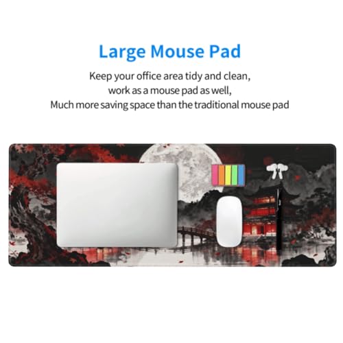 Image of Watercolor Japanese Mouse Pad 31.5x11.8 XL Black Red Lake Pavilion Tree Anime Design Extended Large Mousepad Keyboard Mouse Mat Desk Pad with Non-Slip Rubber Base Stitched Edges for Home Office Game
