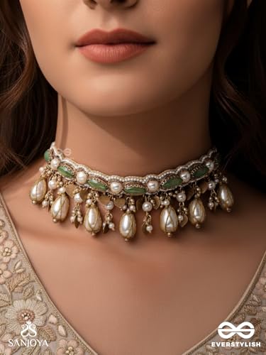 Image of SANJOYA BY EVERSTYLISH Haridvarna Gilded Meadow Finery Pearls, Stones And Beads Hand Embroidered Necklace Lightweight Jewelry For Women | Party, Festive, Wedding & Gifting