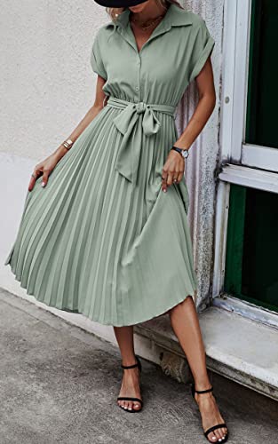 Image of ECOWISH Womens Casual Midi Dresses Solid V Neck Short Sleeve Button Shirt Belted Dress with Pockets for Spring Summer 2026